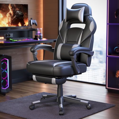Fauteuil Gamer, Chaise Gaming, Siège De Bureau Réglable, Avec Repose-Pieds Télescopique, Support Lombaire, Charge 150 Kg, Noir Et Gris