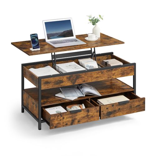 Table De Salon Avec Plateau Relevable, Avec Rangement Ouvert Et Compartiment Caché, Marron Rustique Et Noir D'encre