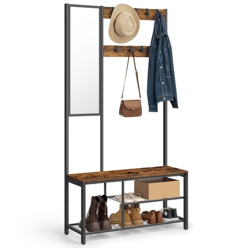Porte-manteaux, Vestiaire, meuble d'entrée, avec crochets, miroir, banc, style Industriel