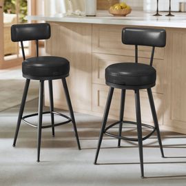 Tabouret De Bar, Lot De 2, Siège Rembourré, Pu Avec Coutures, Style Moderne Mi-Siècle, Hauteur 65 Cm, Noir D'encre
