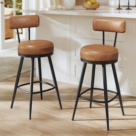Tabouret De Bar, Lot De 2, Siège Rembourré, Pu Avec Coutures, Style Moderne Mi-Siècle, Hauteur 65 Cm, Marron Caramel