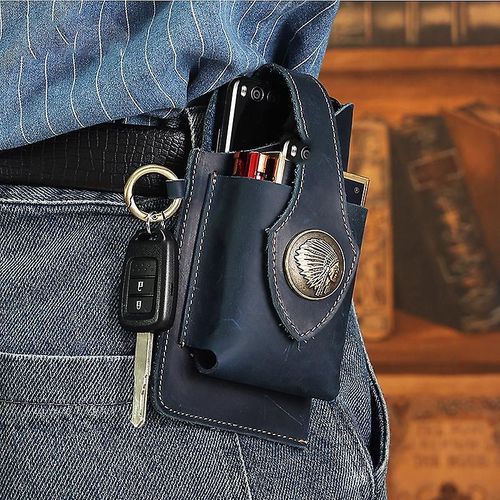Sac de ceinture en cuir Vintage pour hommes, étui multifonction tactique, porte-clés Portable, étui à outils pour cigarettes de téléphone Portable (bleu)