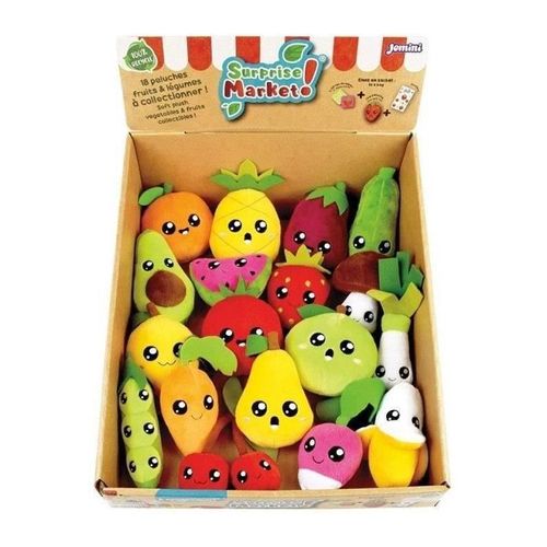 Lot de 18 pochettes surprises - JEMINI - Surprise Market - Peluche fruits ou légumes +/- 10 cm, stickers et cartes mémo
