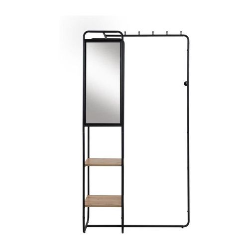 Meuble D'entrée - Luton - Structure Métallique - Noir / Chëne Artisan - 100 X 185 X 37 Cm - 2 Étagères - 1 Miroir