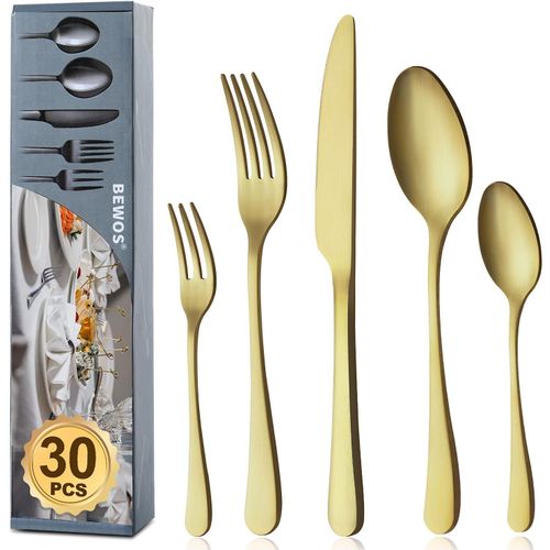 30 Pièces Ensemble De Couverts Champagne Or De Haute Qualité En Acier Inoxydable,Couverts Set Fourchettes,Couteaux,Cuillères,Service Pour 6,Passe Au Lave-Vaisselle