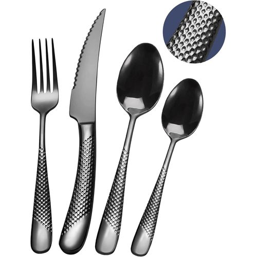 Ensemble De Couverts Modernes 24 Pièces,Noir Martelé Couteaux Dentelés 2-En-1 Ultra-Tranchants,Service En Acier Inoxydable 18/10 Set Pour 6 Personnes,Couteaux,Fourchettes,Cuillères