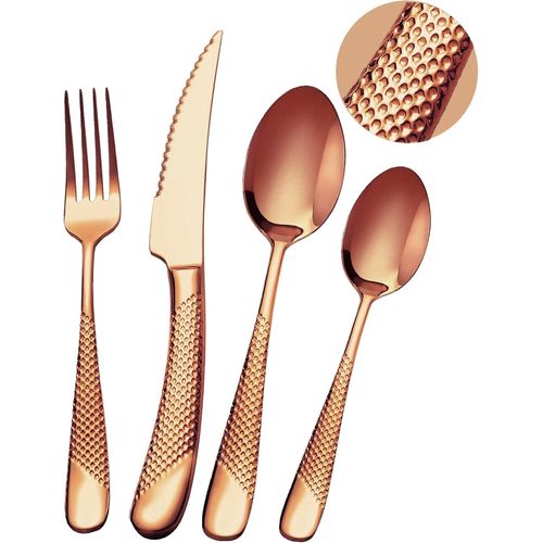 Ensemble De Couverts Modernes 24 Pièces,Or Rose Martelé Couteaux Dentelés 2-En-1 Ultra-Tranchants,Service En Acier Inoxydable 18/10 Set Pour 6 Personnes,Couteaux,Fourchettes,Cuillères