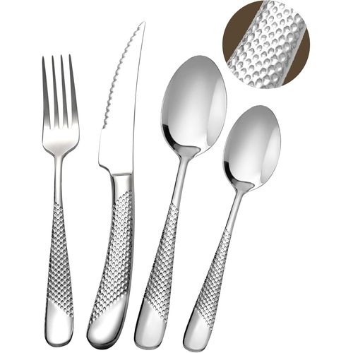 Ensemble De Couverts Modernes 24 Pièces,Argent Martelé Couteaux Dentelés 2-En-1 Ultra-Tranchants,Service En Acier Inoxydable 18/10 Set Pour 6 Personnes,Couteaux,Fourchettes,Cuillères