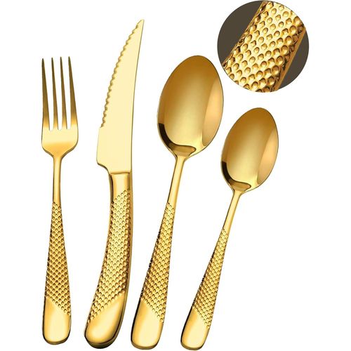 Ensemble De Couverts Modernes 24 Pièces,Or Martelé Couteaux Dentelés 2-En-1 Ultra-Tranchants,Service En Acier Inoxydable 18/10 Set Pour 6 Personnes,Couteaux,Fourchettes,Cuillères