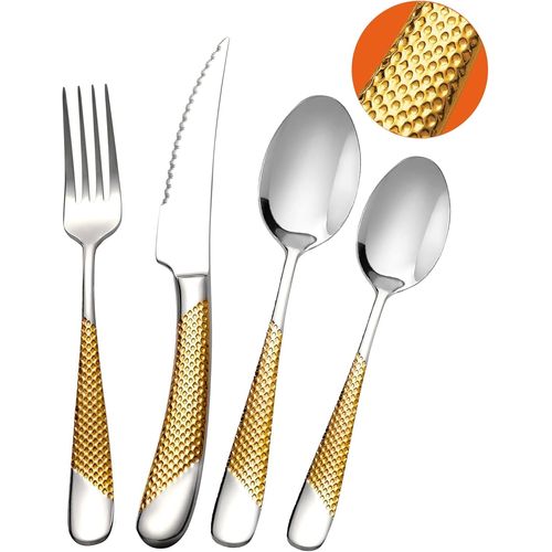 Ensemble De Couverts Modernes 24 Pièces,Or Argent Martelé Couteaux Dentelés 2-En-1 Ultra-Tranchants,Service En Acier Inoxydable 18/10 Set Pour 6 Personnes,Couteaux,Fourchettes,Cuillères