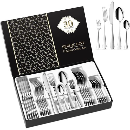Couverts De Table,Set De Couverts En Acier Inoxydable,Ménagères De 30 Pièces Pour 6 Personnes,Comprend Couteau,Fourchette,Cuillère,Cuillère À Café,Fini Miroir,Va Au Lave-Vaisselle