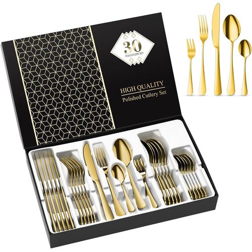 Couverts De Table,Set De Couverts En Acier Inoxydable,Ménagères De 30 Pièces Pour 6 Personnes,Comprend Couteau,Fourchette,Cuillère,Cuillère À Café,Fini Miroir,Va Au Lave-Vaisselle (Or)