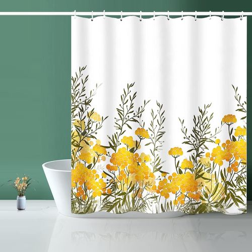 Rideau De Douche, Rideau De Douche En Tissu Doublé Jaune Rideau De Douche Floral ? 182,9 Cm L X 182,9 Cm L Avec 12 Crochets Pour La Maison, L'hôtel, Les Rideaux De Lavage En Machine, Le Rideau De Douc