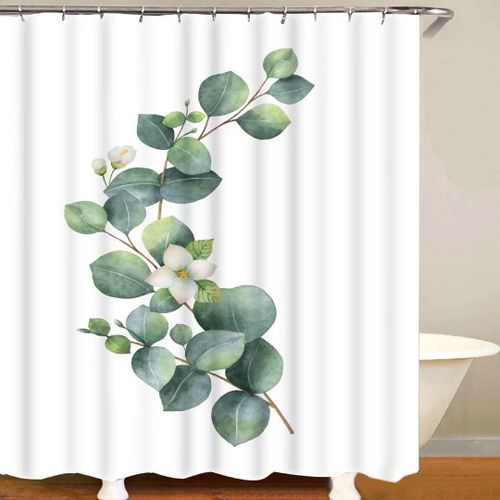 Rideaux De Douche, Rideau De Douche En Tissu Feuille Verte Rideau De Cabine De Douche Blanc Avec 12 Crochets Pour La Maison Hôtel Lavable En Machine Rideau De Douche Imperméable Pour Salle De Bain (18
