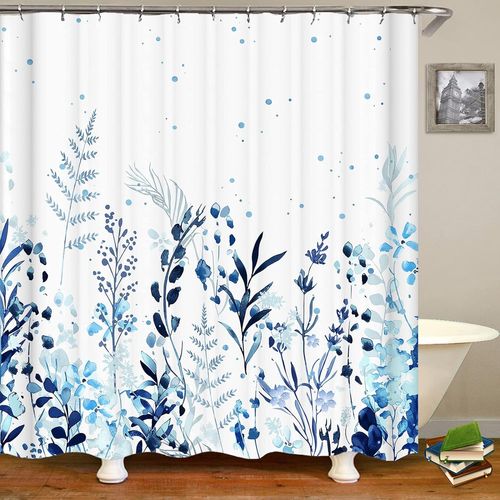 Rideaux De Douche, Rideau De Douche En Tissu Bleu Plantes Blanc Rideau De Douche Avec 12 Crochets Pour La Maison Hôtel Lavable En Machine Rideau De Douche Imperméable Salle De Bain (182,9 X 182,9 Cm)