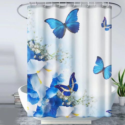 Rideau De Douche, Rideau De Douche En Tissu, Rideau De Douche Bleu Papillon Avec 12 Crochets Pour La Maison, L'hôtel, Lavable En Machine, Rideau De Douche Imperméable Pour Salle De Bain (182,9 X 182,9