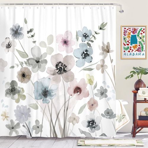 Rideau De Douche Floral Boho Rideau De Douche Blanc Rideau De Douche Ferme Rideau De Douche En Tissu Imperméable Rideaux De Douche Pour Salle De Bain Avec 12 Crochets En Plastique (Blanc, 72 Pouces X
