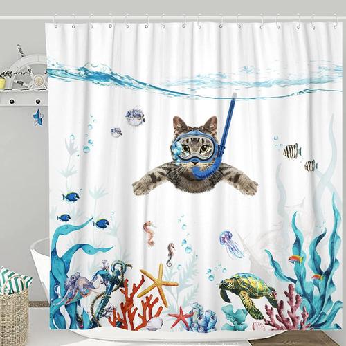 Ensemble De Rideaux De Douche Chat Drôle Bleu Sarcelle Mer Océan Rideaux De Douche En Tissu Imperméable Avec Animal Pieuvre Étoile De Mer Tortue Ancre Poisson Nautique Décor De Rideau De Salle De Bain