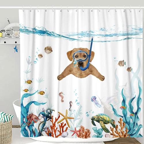 Ensemble De Rideaux De Douche Drôles De Chien Bleu Sarcelle Mer Océan Rideaux De Douche En Tissu Imperméable Avec Animal Pieuvre Étoile De Mer Tortue Ancre Poisson Nautique Décor De Rideau De Salle De