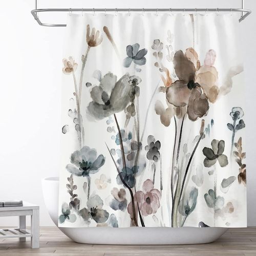 Ensemble De Rideaux De Douche À Fleurs Crème Blanc Gris Bleu Floral Rideaux De Douche Boho Botanique Ferme Salle De Bain Rideau De Douche Aquarelle Peinture Design Tissu Imperméable 72 X 72 Pouces Ave