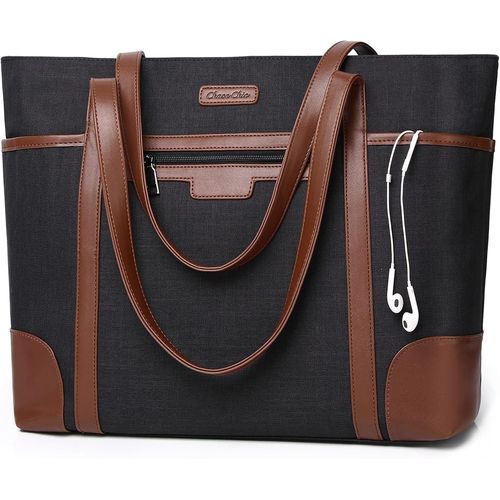 Sac Cabas Femmes,Grande Capacité Sac Ordinateur 15,6 pouces Imperméable Sac Fourre Tout Femmes Sacs De Travail Pour Femmes Avec Sangle De Bagages,Noir et Brun