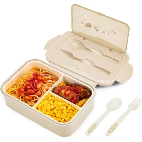 Boîte À Déjeuner En Plastique Pour Enfant Adulte Avec Trois Compartiments Et Des Couverts(Fourchette Et Cuillère),Sans Bpa,Pour Micro-Ondes Et Lave-Vaisselle-Khaki