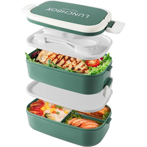 Boîte À Lunch Bento Empilable,Récipients De 1400ml Avec 4 Compartiments Et Couverts,Boîtes Étanches À 2 Couches,Pour Adultes,Enfants,Bureau,Micro-Ondes,Lavable Au Lave-Vaisselle (Vert)