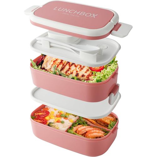 Boîte À Lunch Bento Empilable,Récipients De 1400ml Avec 4 Compartiments Et Couverts,Boîtes Étanches À 2 Couches,Pour Adultes,Enfants,Bureau,Micro-Ondes,Lavable Au Lave-Vaisselle (Rose)
