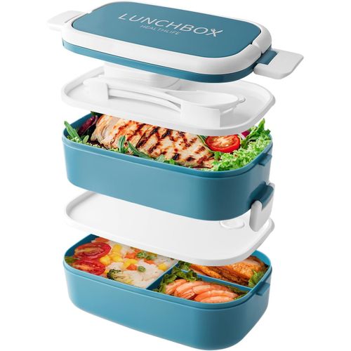 Boîte À Lunch Bento Empilable,Récipients De 1400ml Avec 4 Compartiments Et Couverts,Boîtes Étanches À 2 Couches,Pour Adultes,Enfants,Bureau,Micro-Ondes,Lavable Au Lave-Vaisselle (Bleu)