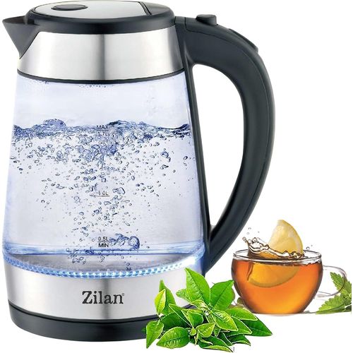 Zilan Bouilloire 1,7L en Verre & Inox, 2200W, LED Bleu, Filtre Anti-Calcaire, Sans BPA