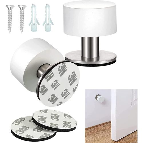 Clicksell-2 Pièces Butoir De Porte Mural Arret Porte Mural Butée Porte Butoir Porte Butée De Porte Adhésive Acier Inoxydable Avec Butée En Caoutchouc, 4 X 4,2 Cm, Pour Cuisine, Chambre, Bureau (Blanc