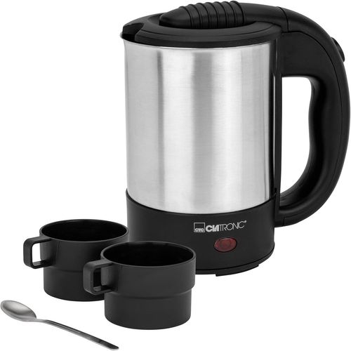 CLICKSELL-Bouilloire Electriques-Bouilloire Électrique-Bouilloire En Acier De Voyage, Inox/Noir-Wkr 3624-Inclus Jeu De 2 Tasses De 170 Ml Et Cuillère