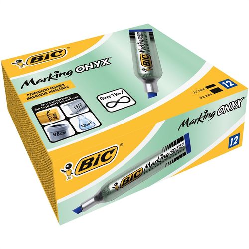 Bic Lot De 12 Marqueurs Permanent Marking Onyx 1481 Pointe Biseau 2,7 À 6,2 Mm Bleu