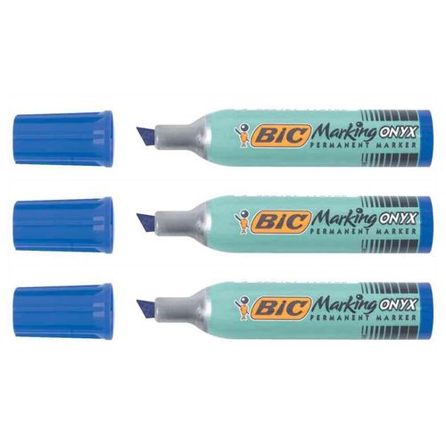 Bic Lot De 3 Marqueurs Permanent Marking Onyx 1481 Pointe Biseau 2,7 À 6,2 Mm Bleu