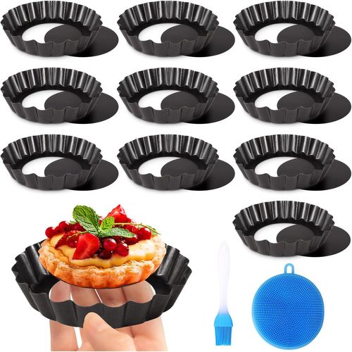 Kalanka-Lot De 10 Moule A Tarte À Fond Amovible,Moule À Tartelette 10cm,Plat A Tarte En Acier Carbone,Antiadhésifs De À Quiche,Moulle A Tarte Rond,Moule À Tarte Relevable Pour La Pâtisserie Maison
