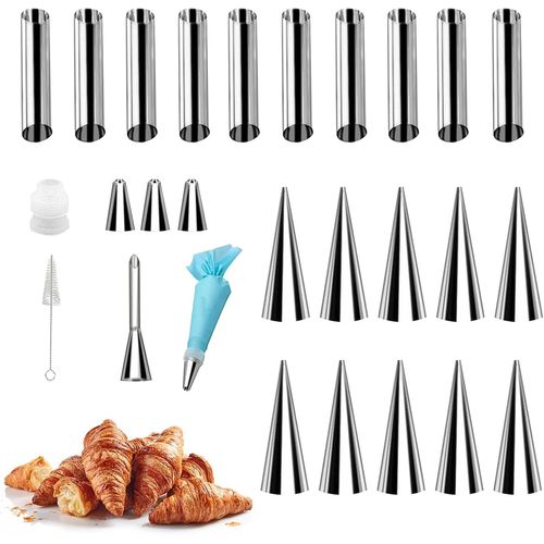 Kalanka-Cannoli Moule Set 27 Pcs, 20 Cannoli Tube En Acier Inoxydable, Avec Poche À Douille Patisserie Set 6 Pcs, Diy Croissant Moule Gâteau Cuisson Moule Crème Gâteau Tube Avec Brosse De Nettoyage