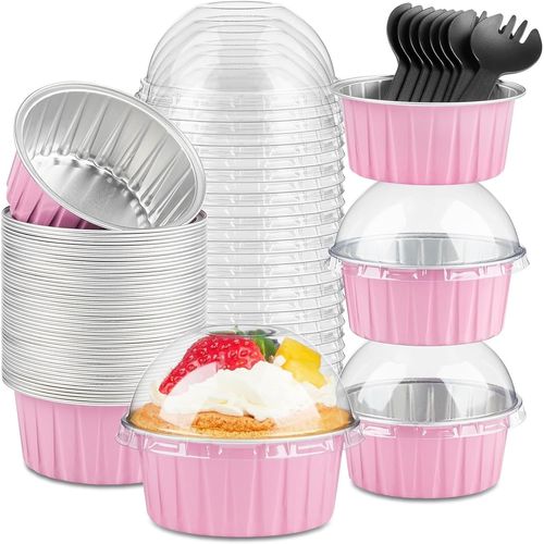 Kalanka-50 Pièces Mini Moules À Gâteaux Avec Couvercles Et Cuillères, 150ml Plats De Cuisson Ronds En Papier D'aluminium Petites Caisses À Pain Coupes Pour Pain Dessert Pique-Nique Fête (Argent Rose)