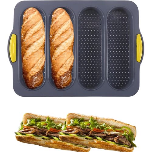 KALANKA-1 moule à pain avec 4 petits pains, moule à pain français, moule à pain antiadhésif, facile à démouler en silicone, moule à pain Hot Dog, passe au lave-vaisselle, outil de cuisson du pain