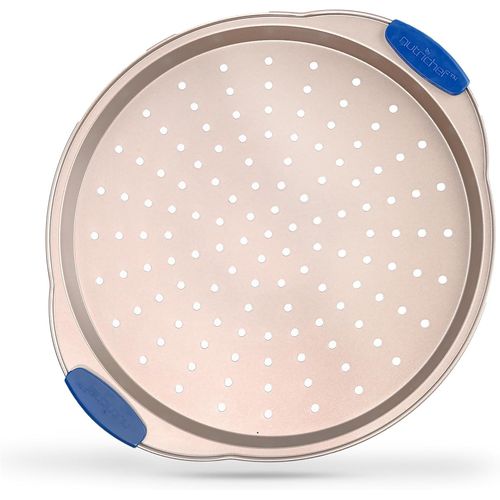 Kalanka-Nutrichef Plaque Pizza - Moule À Pizza Antiadhésif - Plat Rond En Acier Perforé - Avec Poignée En Silicone - Ustensiles De Cuisine De Haute Qualité - Compatible Lave-Vaisselle - Or Champagne