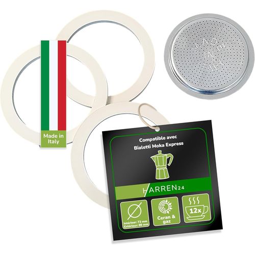 KALANKA-Harren24 Filtre et 3 joints compatible avec cafetière à expresso italienne pour 12 tasses, diamètre extérieur 89 mm, 8,9 cm, Ø intérieur 73 mm, 7,3 cm, joint d'étanchéité de rechange