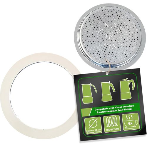 KALANKA-Harren24 Filtre et 1 joint compatible avec cafetière à expresso italienne pour 4 tasses, diamètre extérieur 64 mm, 6,4 cm, Ø intérieur 58 mm, 5,8 cm, joint d'étanchéité de rechange, joint d'é