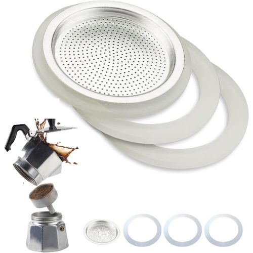 KALANKA-Joint et filtre à cafetière universel pour pièces de rechange Moka 3 anneaux de joint en latex + 1 filtre en acier (3 tasses) de rechange en silicone, pour cafetière italienne,