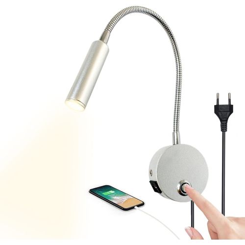 Lampe De Lecture Murales Tactile Dimmable Applique Liseuse Led Tete De Lit Avec Port Usb Et Interrupteur Flexible Col De Cygne Lumière Avec Prise 3w Lampe Chevet Murale Pour Lire Au Lit Chambre Cl