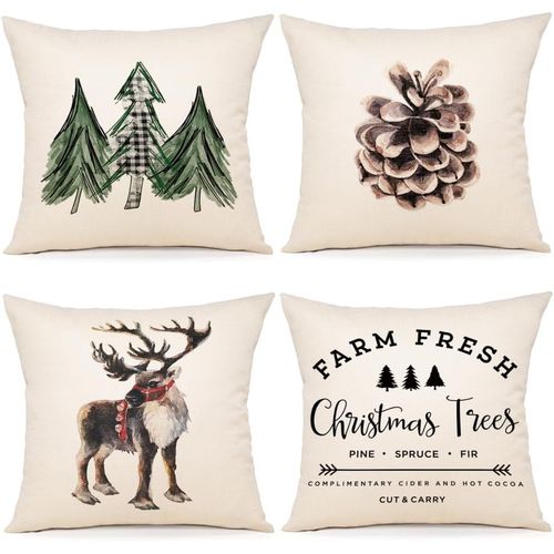 KALANKA-Housse Coussin Noel 40x40 Lot de 4 Housse de Coussin Deco Noel Coton et Lin Décoratif Taie d'oreiller 40 x 40 cm pour Chambre, Nanapé, Chaise, Lit Decoration Noel