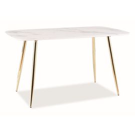 Table Rectangle Effet Marbre En Bois - Quatres Pieds En Métal Doré - 6 Couverts - L 140 Cm X P 80 Cm X H 75 Cm