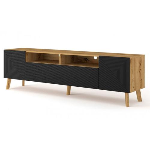 Meuble Tv Luxi Avec 4 Portes + 2 Niches - Noir Et Beige - L 180 X P 42 X H 51 Cm