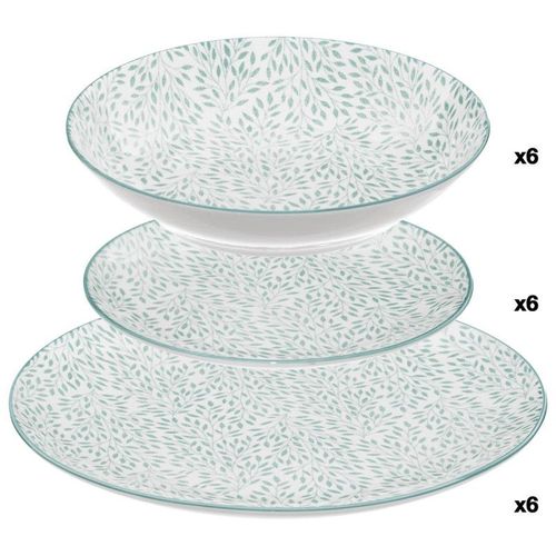 Service À Vaisselles 18 Pièces "Jasmin"- Motif Végétal Vert - D 19 / 20 / 26,5 Cm