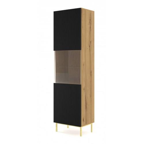 Colonne Vitrée Ravenna 3 Portes + 5 Étagères En Bois Et Verre Avec Cadre Doré - Noir Et Beige - H 217 X L 60 X P 42 Cm