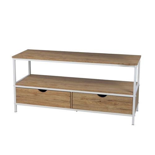 Meuble Tv En Bois Et Métal "La Casa Blanca" Avec 2 Tiroirs - Blanc/Beige - L 120 X H 57 X P 39 Cm