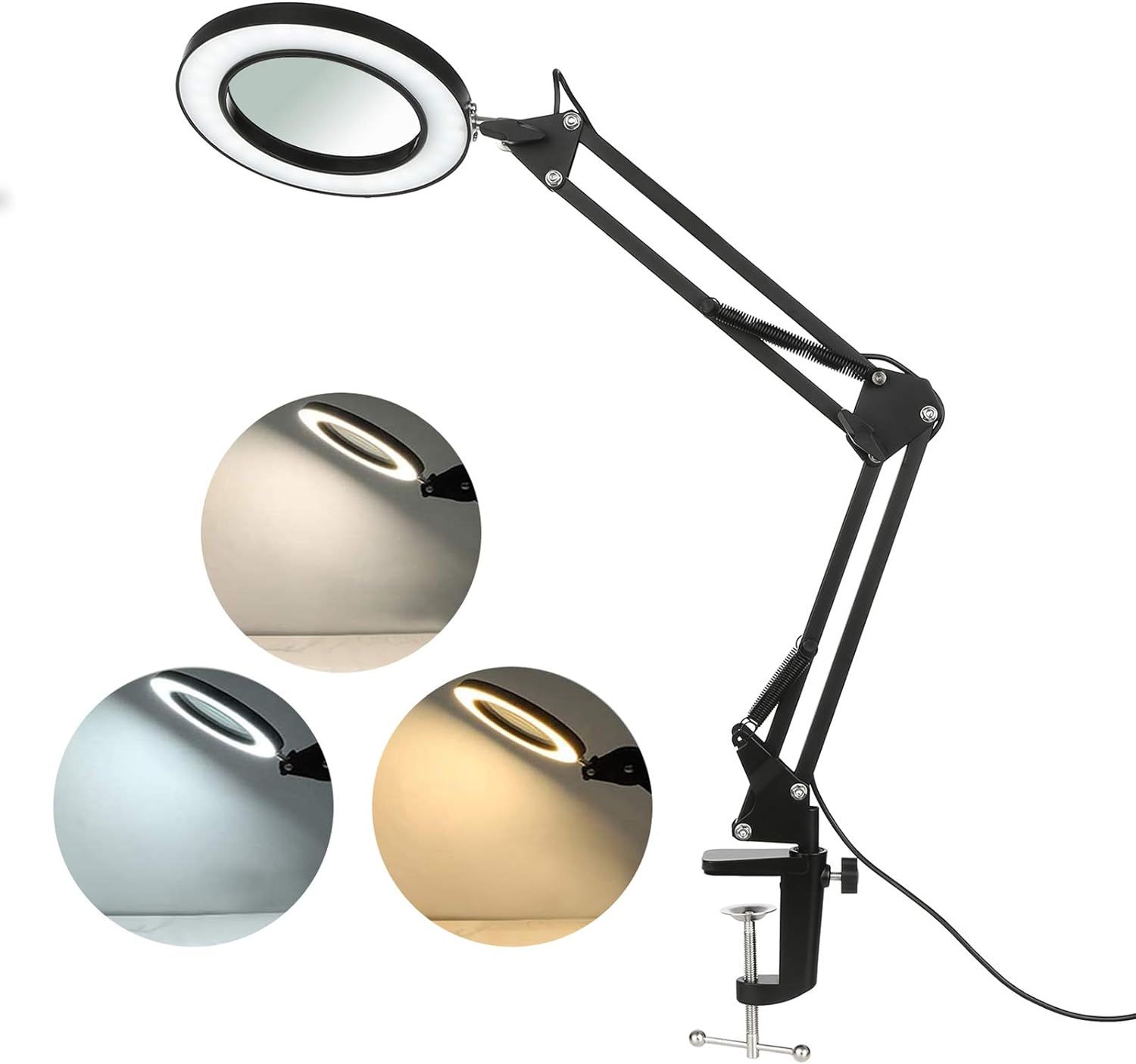 Lampe Loupe Led Avec Pince, Loupe Avec Lumière 8 Dioptries, Lampe Loupe Éclairée 3 Couleurs, Bras Pivotant, Lumière À Intensité Variable Pour Lecture Pour Table Ou Atelier (8x)